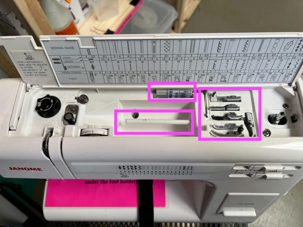 Janome HD300 Sewing Machine Thread Spool and Storage for Feet
