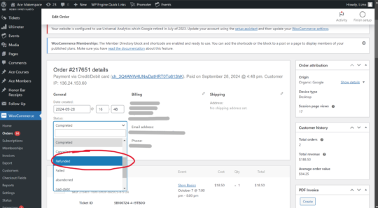 Screenshot of where to change order status to refunded