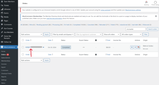 Screenshot of where to find orders in WooCommerce